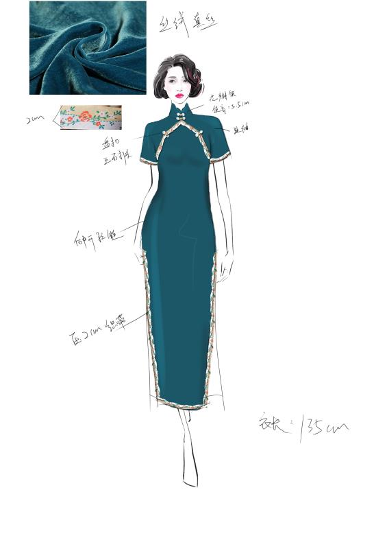 旗袍设计秋冬丝绒款-服装画/服装设计手稿 - 穿针引线