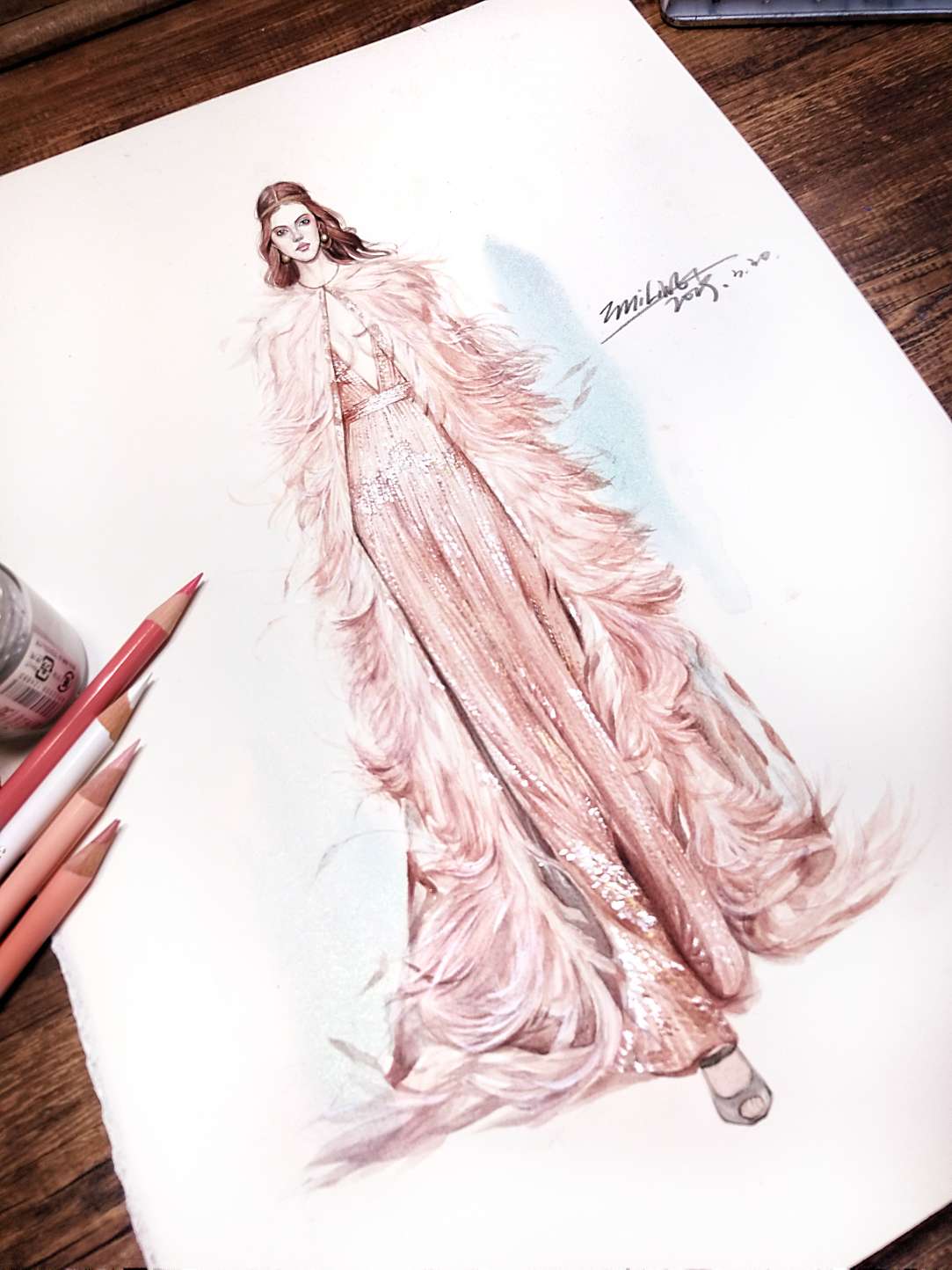 春天樱花色系的皮草礼服～-服装画/服装设计手稿 - 穿针引线服装论坛