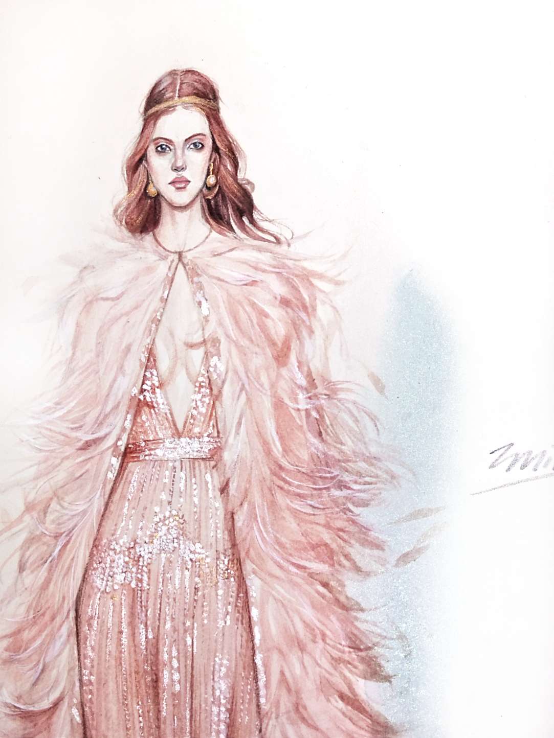 春天樱花色系的皮草礼服～-服装画/服装设计手稿 - 穿针引线服装论坛