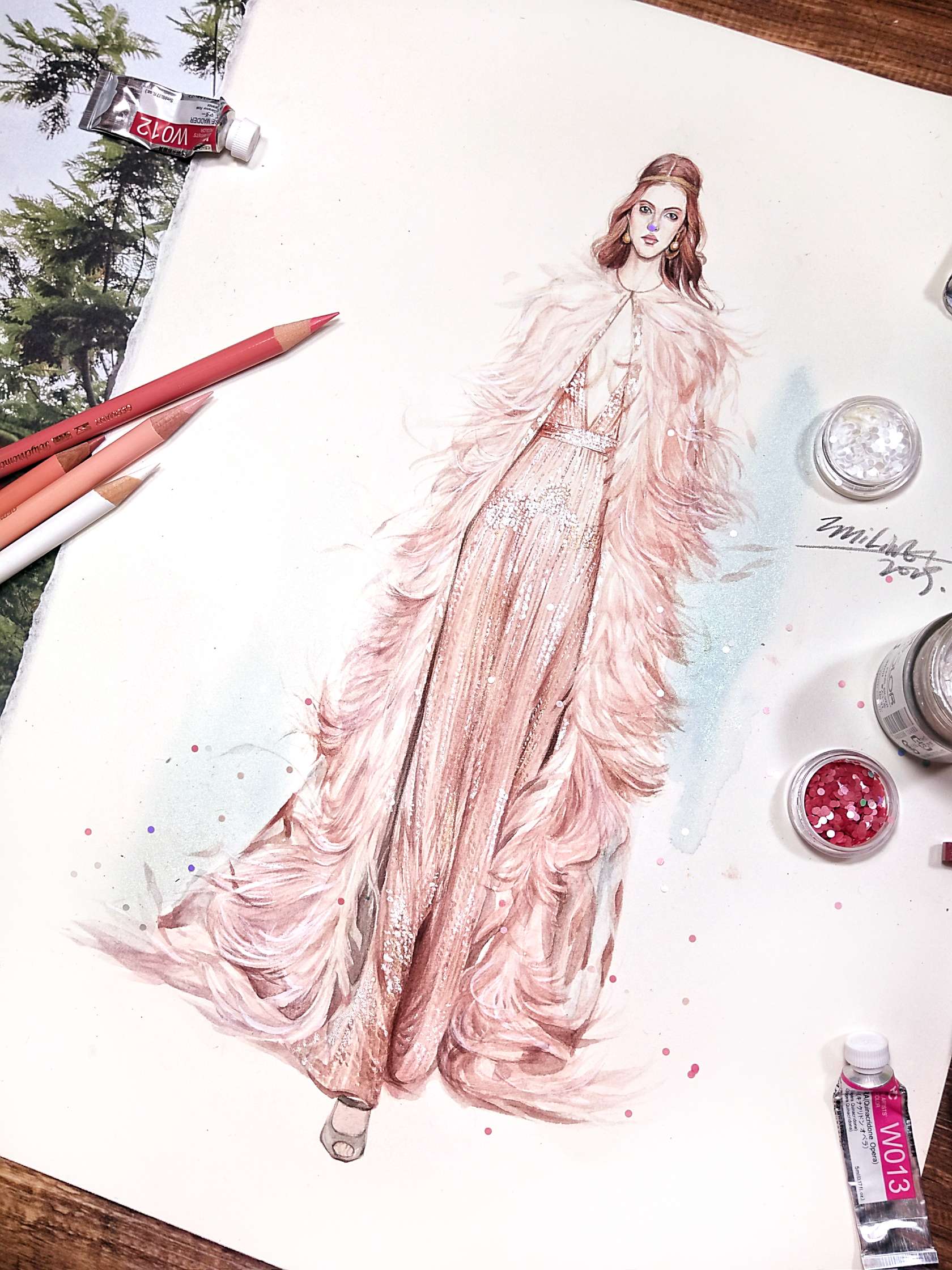 春天樱花色系的皮草礼服～-服装画/服装设计手稿 - 穿针引线服装论坛