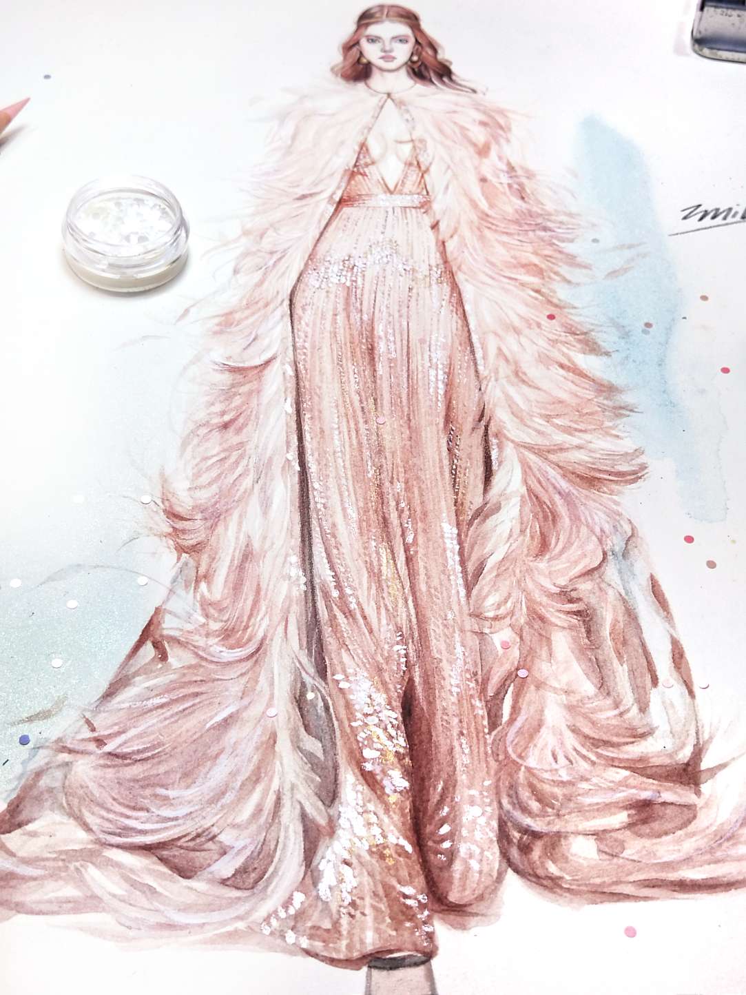 春天樱花色系的皮草礼服～-服装画/服装设计手稿 - 穿针引线服装论坛