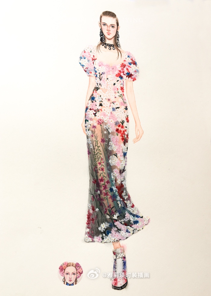 手绘水彩炳希服装设计效果图