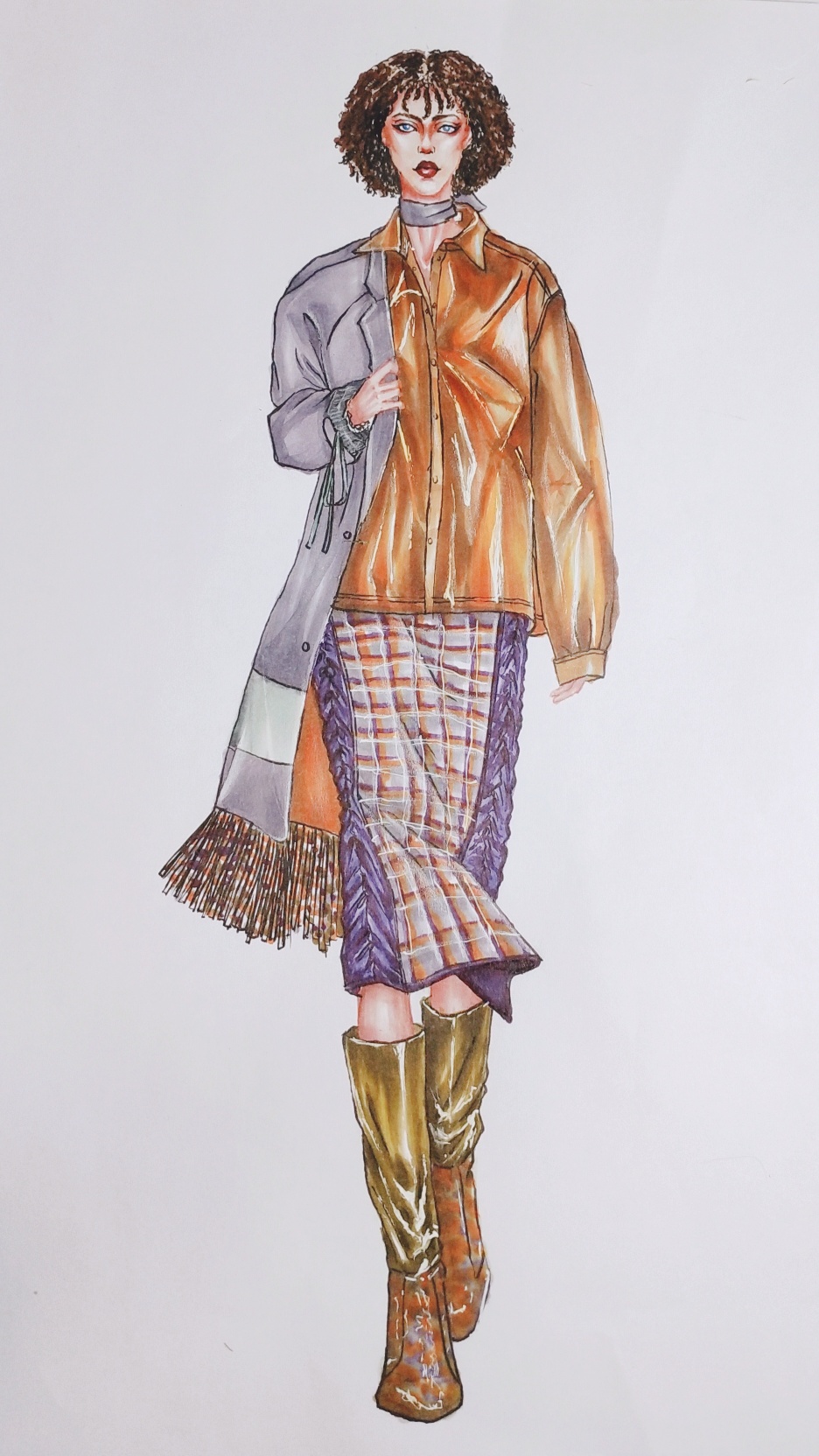 皮质衬衣披外套格纹裙效果图手绘过程图-服装画/服装设计手稿 - 穿针