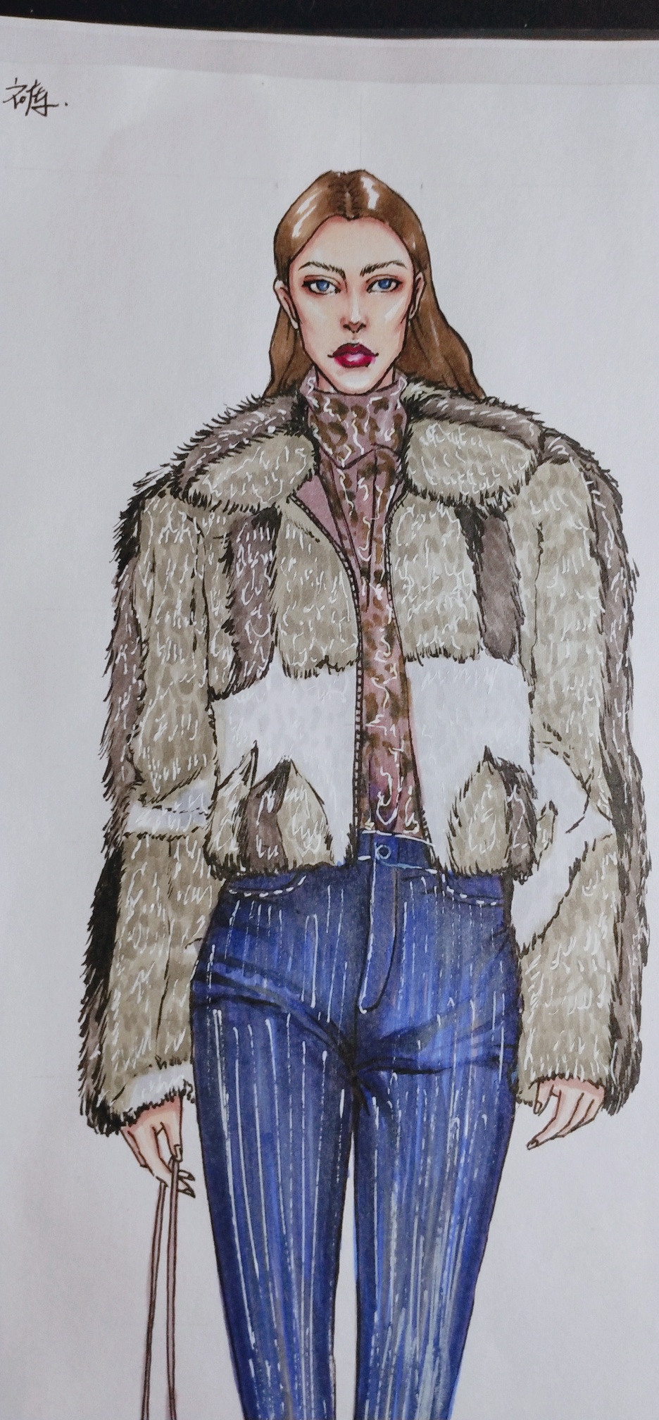 拼色皮草夹克亮条长裤马克笔效果图-服装画/服装设计手稿 - 穿针引线