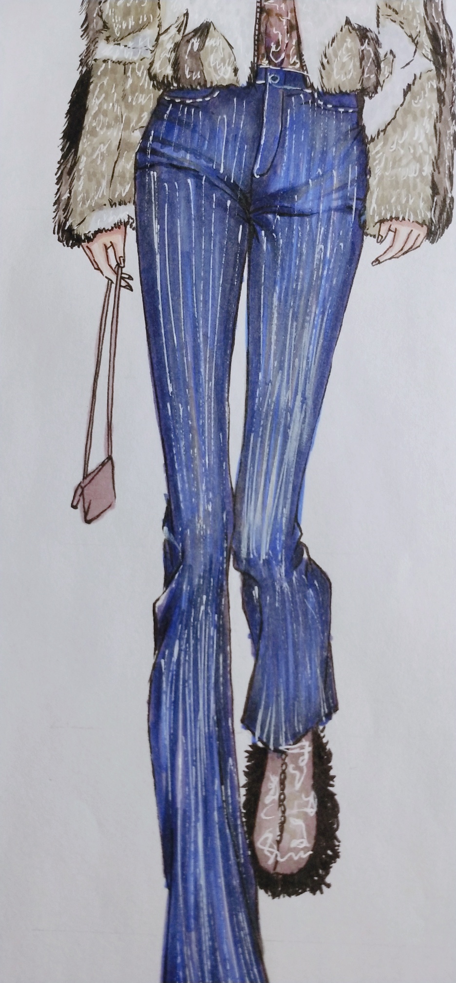 拼色皮草夹克亮条长裤马克笔效果图-服装画/服装设计手稿 - 穿针引线