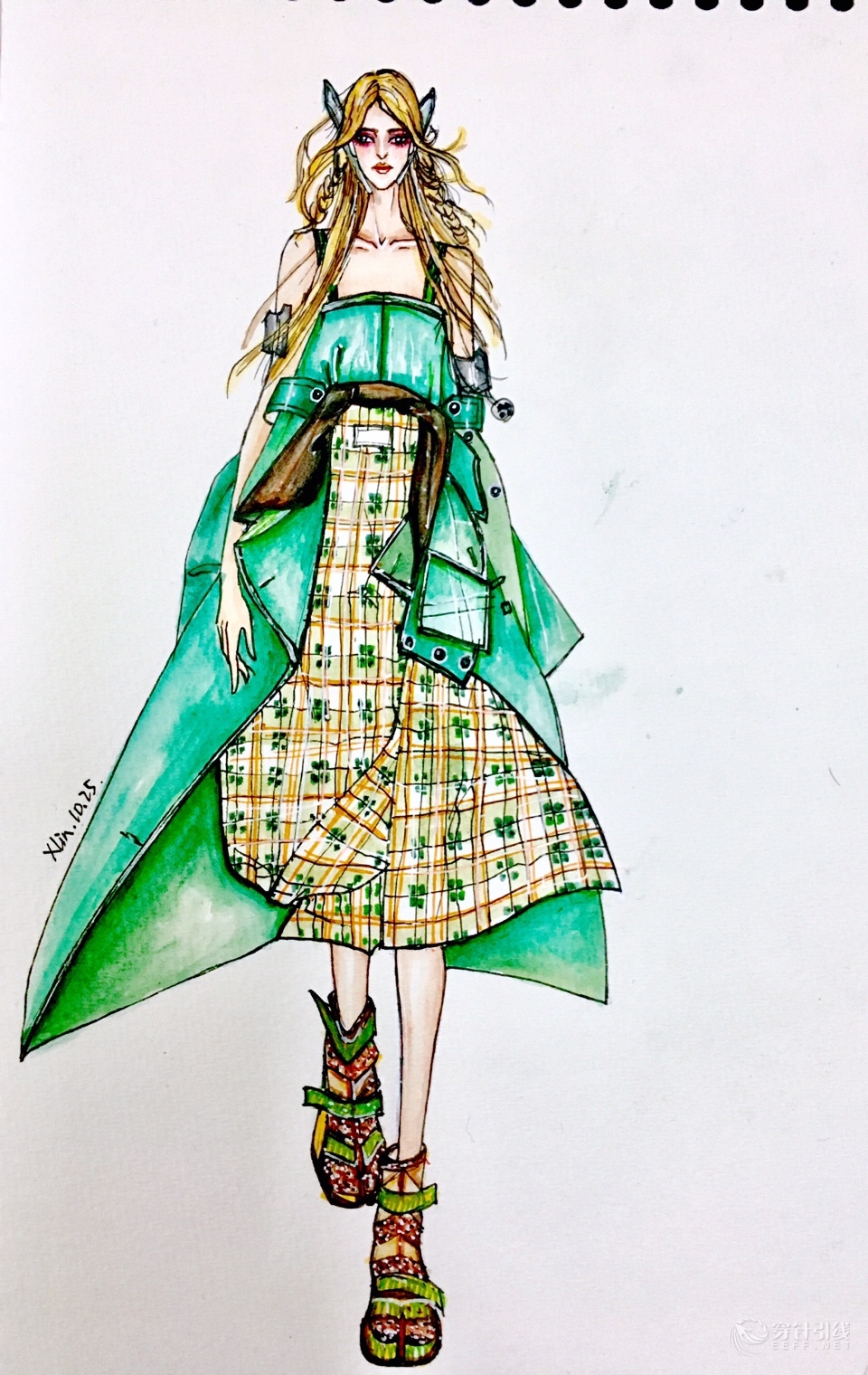 服装插画 服装效果图 水彩手绘-服装画/服装设计手稿 - 穿针引线服装
